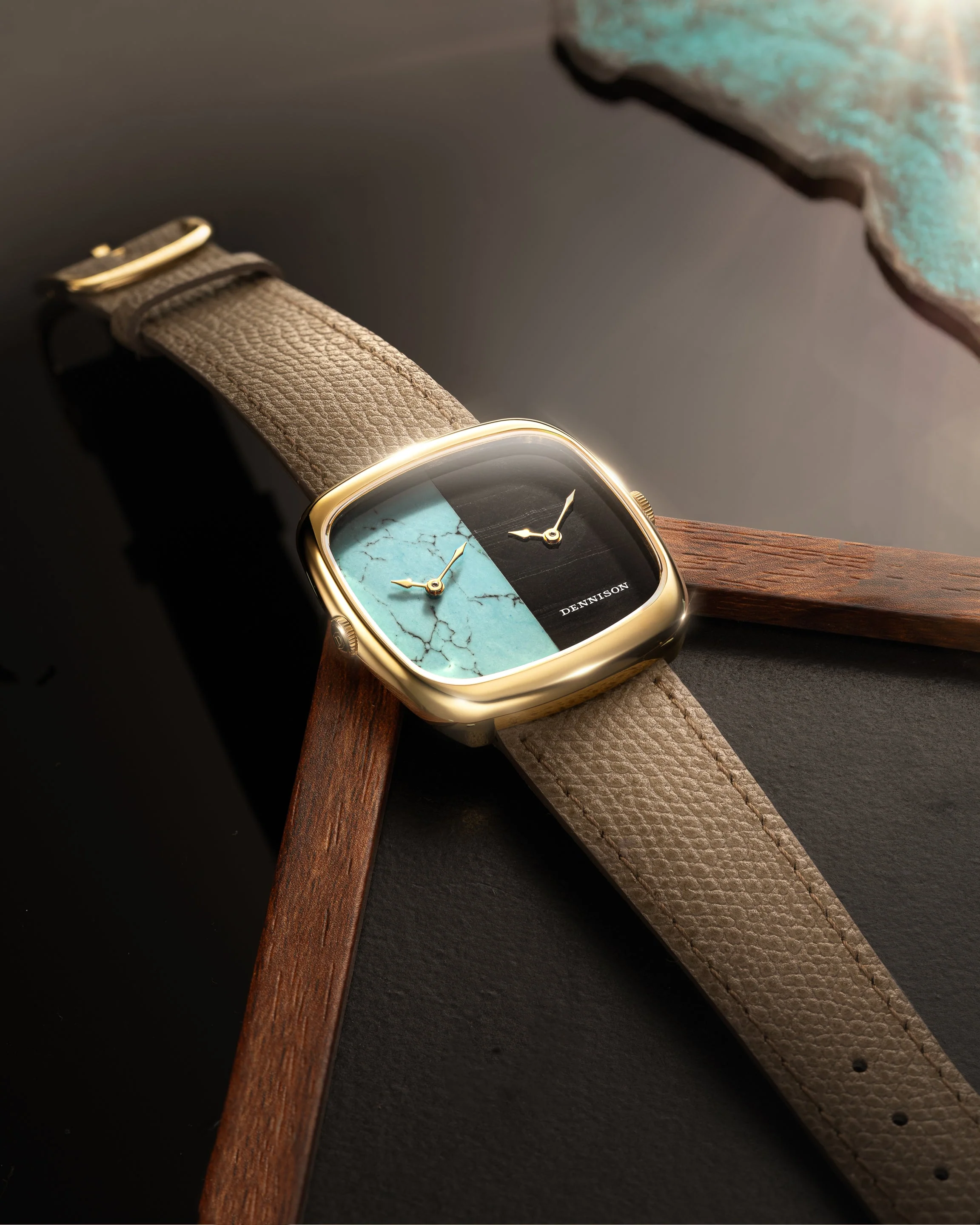 Dennison ALD Dual Time Turquoise & Falcon Eye Stone In Gold - Image 2